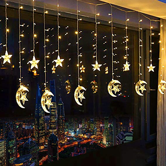 138 LED Star Curtain Lights, Window Curtain String Light Moon Star String Light with 2 Flashing Modes Decoration for Wedding Party Home Garden Bedroom Outdoor Indoor Wall Decorations (Warm White)