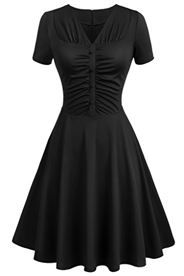 Beyove Women's Retro V Neck Empire Waist Short Sleeve Vintage Casual Swing Cocktail Skater Dress