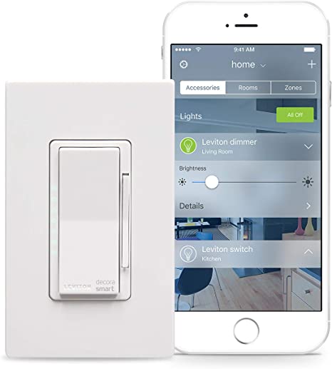 Smart Dimmer, Wi-Fi, Leviton DW6HD-2RW Decora Smart Wi-Fi Dimmer 600W Incandescent/300W LED Dimmer, No Hub Required, Works with Alexa, Google Assistant and Nest, White (Screwless Wallplate Included)