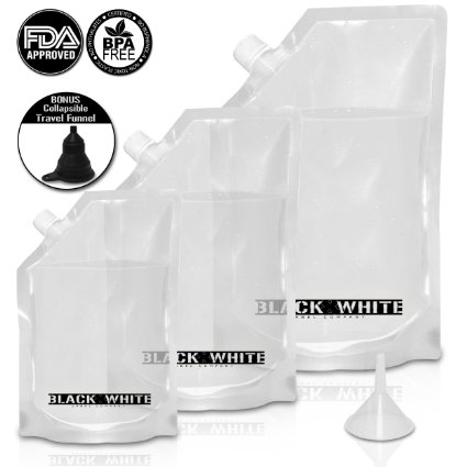 Black & White Label Premium Plastic Flask Liquor Rum Runner Cruise Kit Sneak Alcohol Drink Wine Pouch Bag Set Heavy Duty Reusable Concealable Flasks For Booze & Cocktails 1x32oz 1x16oz 1x8oz   Funnel