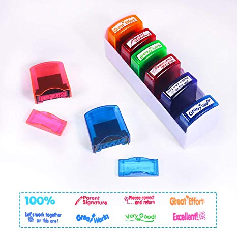Self-ink Colorful Ad-free Motivation School Rating Stamp, Office Stationery Stamps for Teachers, Comment Job Stamp Set and Storage Tray (8 sets)
