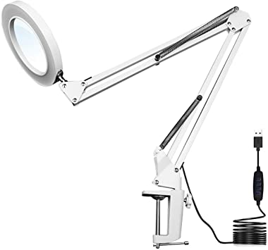 LED Magnifying Lamp,Adjustable 5X Magnifier Desk Lamp with 3 Colors 4.13" Diameter Glass USB Magnifying Lamp with Adjustable Swivel Arm for Reading/Office/Workbench. (White)