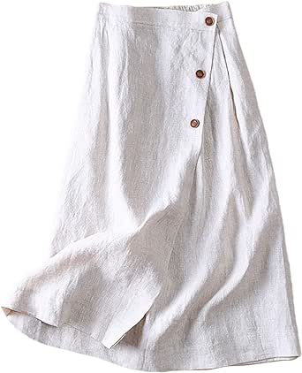 CHARTOU Women's Summer Linen Elastic Back Buttoned Swing Midi A Line Skirt