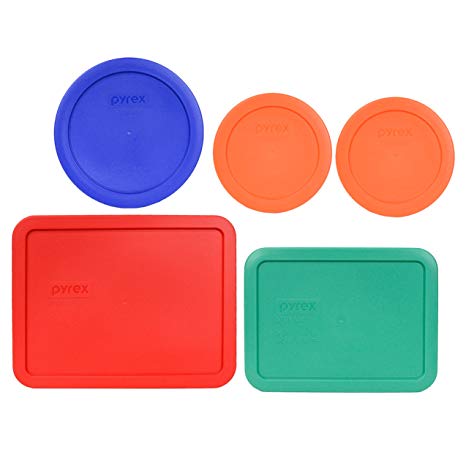 Pyrex (2) 7200-PC 2 Cup Orange (1) 7201-PC 4 Cup Cadet Blue (1) 7210-PC 3 Cup Light Green and (1) 7211-PC 6 Cup Red Plastic Storage Lids