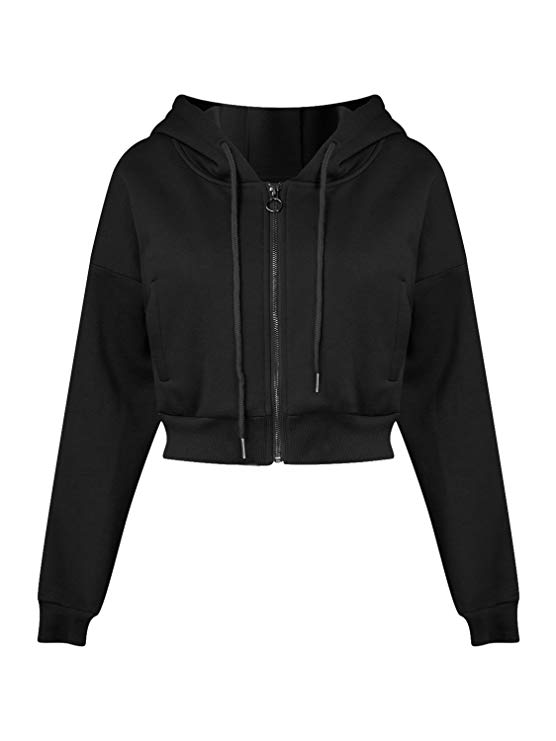 Joeoy Women's Drawstring Zip Up Fleece Hoodie Coat Jacket Crop Top
