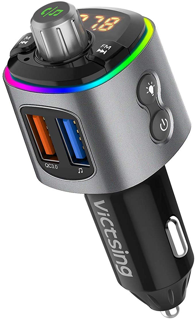 VicTsing Dynamic RGB Bluetooth FM Transmitter, V5.0 Bluetooth Wireless Audio Adapter and Receiver, QC3.0 Car Charger with Siri & Hi-Fi Music & 8 Backlight & 2 Charging Port & Hands-Free Calling