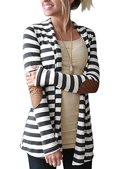 Myobe Women's Black White Elbow Patch Shawl Collar Thick Striped Open Front Cardigan Sweaters Coat Outwear