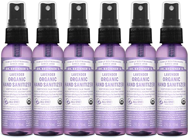 Dr. Bronner's - Organic Hand Sanitizer Spray (Lavender, 2 Ounce, 6-Pack) - Simple and Effective Formula, No Harsh Chemicals, Moisturizes and Cleans Hands