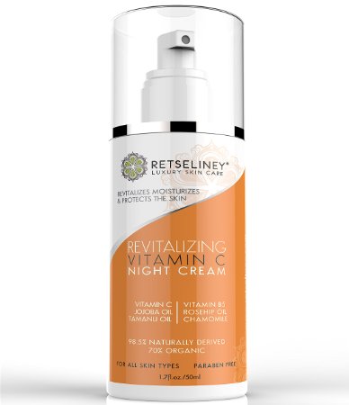 Retseliney Revitalizing Vitamin C Night Cream for Face Organic and Natural Anti Aging Moisturizer with Rosehip Oil Jojoba Oil Reduces Wrinkles Sun Spots and Fine Lines Vegan Skin Lotion