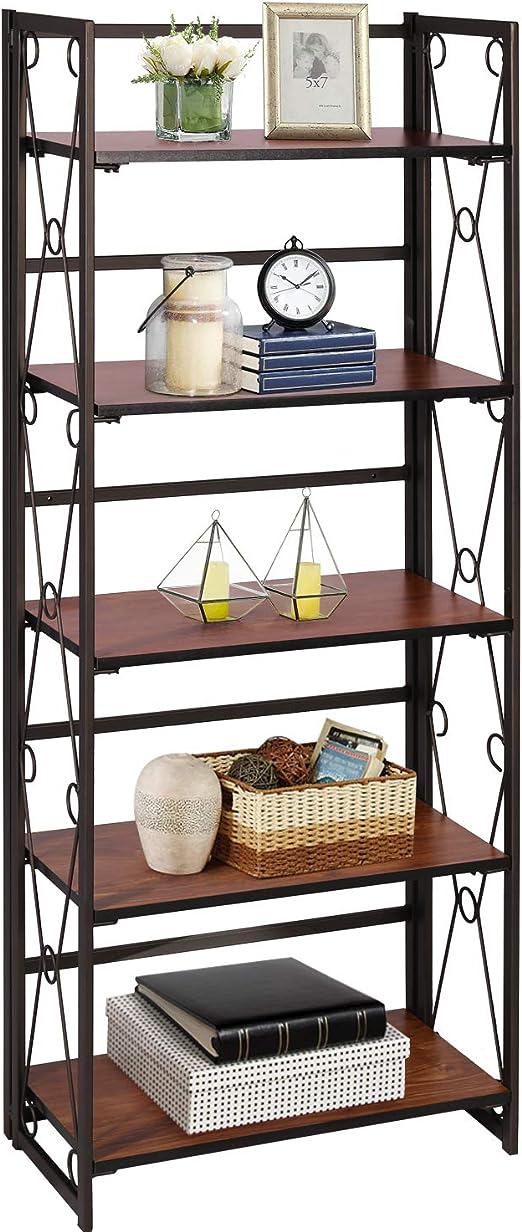 VECELO 5 Tier Folding Bookshelf, No Assembly Book Shelf Bookcase, Industrial Metal Free-Standing Shelves Organizer Home Decor for Living Room, Bedroom, Study, Kitchen, Walnut