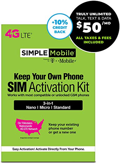 Simple Mobile SIM Card   $50 Stored Value Card Subscription towards Unlimited Phone Service