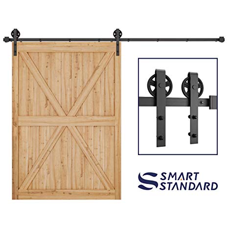 SMARTSTANDARD 10FT Heavy Duty Sliding Barn Door Hardware Kit, Double Rail, Black, Smoothly and Quietly, Simple and Easy to Install, Fit 60" Wide DoorPanel (Industrial Bigwheel Hangers)