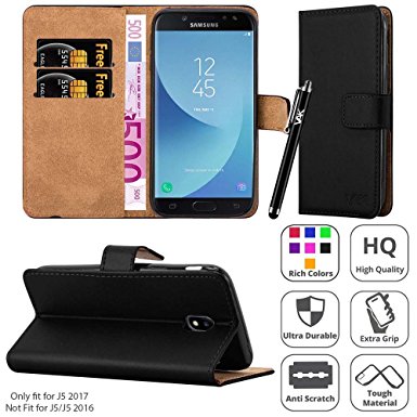 Samsung Galaxy J5 2017 Case, Leather Wallet Book Card Case Cover Pouch For Samsung Galaxy J5 2017   Screen Protector & Polishing Cloth   Touch Stylus Pen (Black)