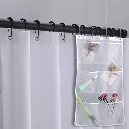 WdFour Premium Heavy Duty Waffle Fabric Shower Curtains for Bathroom with 6 Pockets Mesh Shower Organizer, Metal Grommets Machine Washable Water Repellent Standard Shower Curtain, 72 x 72 inch ,White