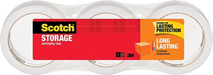 Scotch Long Lasting Storage Packaging Tape, 1.88" x 38.2 yd, Designed for Storage and Packing, Stays Sealed in Weather Extremes, 3" Core, Clear, 3 Rolls (3650S-3)