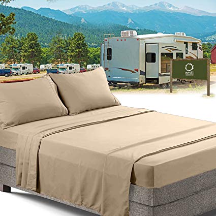 RV/Short Queen Bed Sheets Set Bedding Sheets Set for Campers, 4-Piece Bed Set, Deep Pockets Fitted Sheet, 100% Luxury Soft Microfiber, Hypoallergenic, Cool & Breathable, Beige