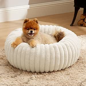 Bedsure Donut Small Dog Bed - Dog Beds for Small Dogs with Corduroy Fleece & Anti Slip Bottom, Round Faux Fur Pet Beds with Washable Removable Cover, Cream, 23x23x8 inches