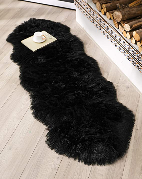 BAYKA Faux Sheepskin Fur Area Rug, Luxury Area Rug, Soft Furry Carpet Rug for Bedroom, Children’s Room or Dorm Room, Decor Rug 2x6 Feet, Black