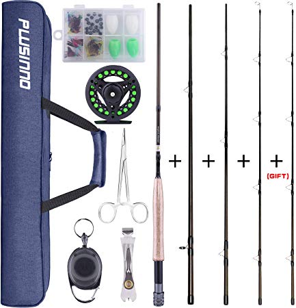 PLUSINNO Fly Fishing Rod and Reel Combo, 4 Piece Lightweight Ultra-Portable Graphite Fly Rod 5/6 Complete Starter Package with Carrier Bag