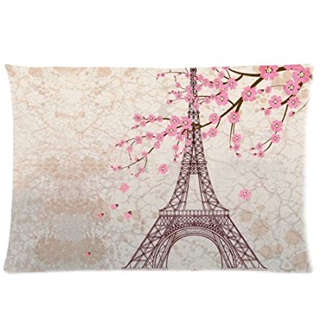 Vintage Floral Paris Eiffel Tower Pillowcase - Pillowcase with Zipper, Pillow Protector Cover Cases - Standard Size 20x30 inches, Twin-sided Print