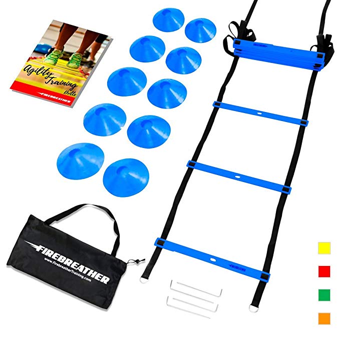 Agility Ladder and Cones by FireBreather. Great Training Equipment to Exercise Speed in Soccer, Football & Sports Workout. Set of 15ft Ladder, 12 Markers, 4 Pegs, Carrying Bag & Drills Ebook