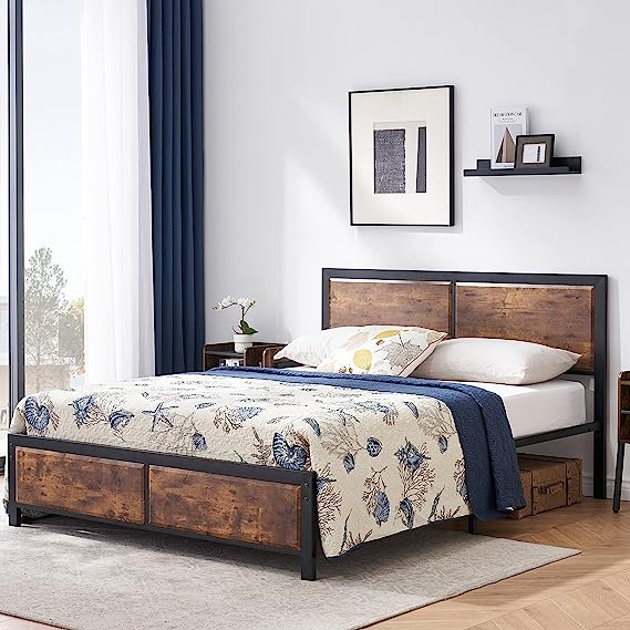 VECELO Queen Size Platform Bed Frame with Rustic Vintage Wood Headboard, Mattress Foundation, Strong Metal Slats Support, No Box Spring Needed