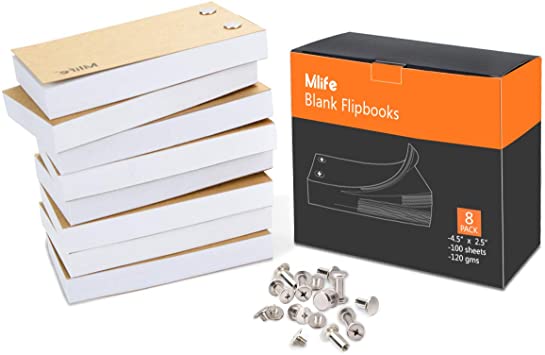 Mlife Blank Flipbook Kit - 8 Pack 4.5”×2.5” Flip Book with Binding Screws for Animation, Sketching, Drawing, Cartoon Creation (100 Sheets / 200 Pages)