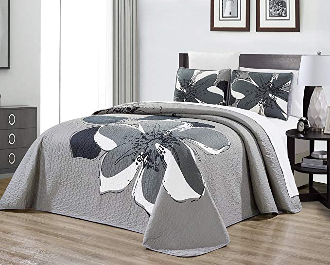 3-Piece Fine Printed Oversize (100" X 95") Quilt Set Reversible Bedspread Coverlet Full/Queen Size Bed Cover (Black, Grey, White, Floral)