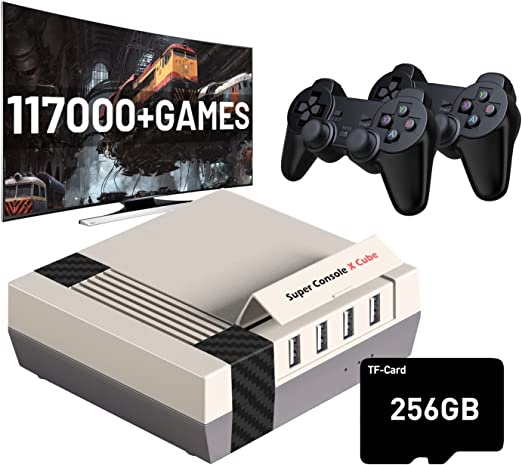 Kinhank 117000  Retro Game Console,Super Console X Cube Mini Classic Video Games, Gaming Systems for TV,Plug and Play,Compatible with PS1/PSP/DC/MAME ,Dual System, 4K HD/AV Output