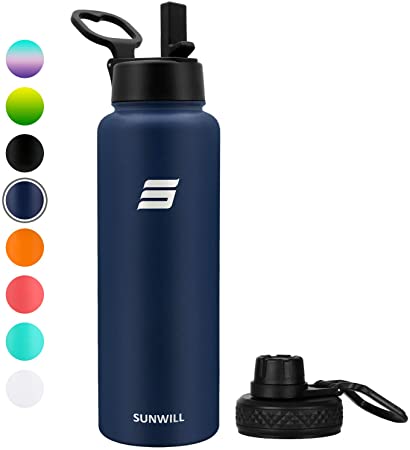 SUNWILL 40oz Water Bottle with Straw Lid Insulated Stainless Steel Reusable Thermo Sports Bottle Big Flask, Wide Mouth and Leak Proof, Powder Coated Navy Blue