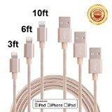 Bestfy 3Pack 3FT 6FT 10FT 3IN1 Extra Long Nylon Braided 8Pin to USB Power Cable Cord with Aluminum Heads for iPhone 66s6 Plus55c5s iPad 4 Mini Air iPod Nano 7 iPod Touch 5 Golden