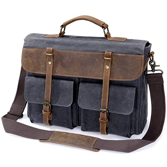 Lifewit 15.6 Inch Water-Proof Leather Satchel Laptop Messenger Bag Vintage Waxed Canvas Cross-body Bag Computer Briefcase (15.6'' GreyNew)