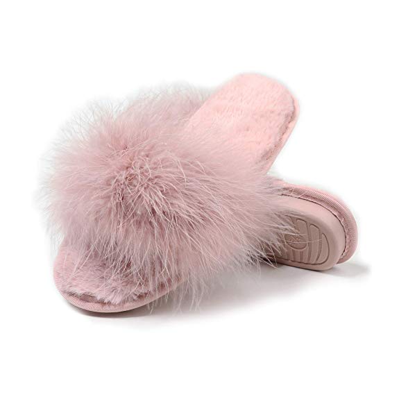 Fur Story Women's Furry Fur Slippers Memory Foam House Slippers Cozy Open Toe House Shoes