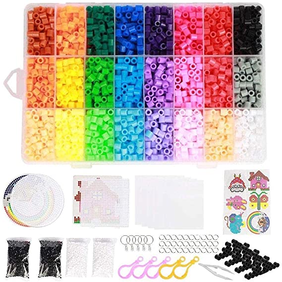 Fuse Beads Kit for Kids Includes: 7200 Iron Beads, 24 Vibrant Colors, Storage Case, 2 Full Size Fuse Beads Pegboards, 5 Keychains,1 Tweezer, Iron Papers Perler Bead Art Birthday Christmas Gift