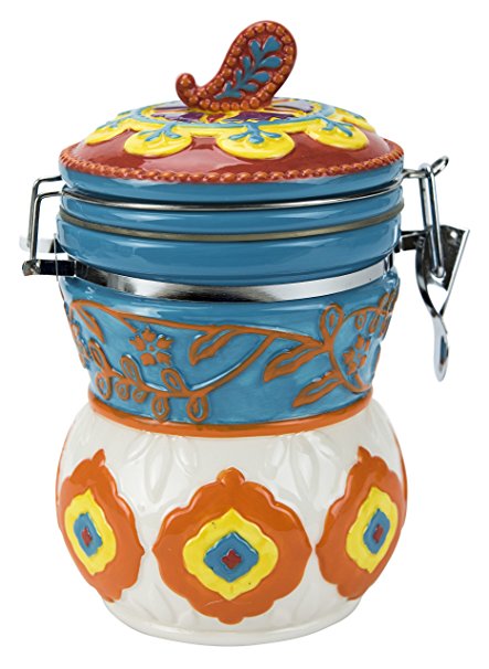 Hinged Jar, Elephant Caravan Collection, Hand-painted Earthenware Storage Container by Boston Warehouse