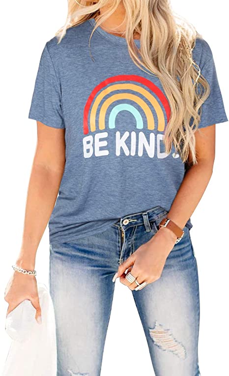 Blooming Jelly Womens Be Kind T Shirts Short Sleeve Rainbow Graphic Shirt Summer Casual Cute Tops Tee