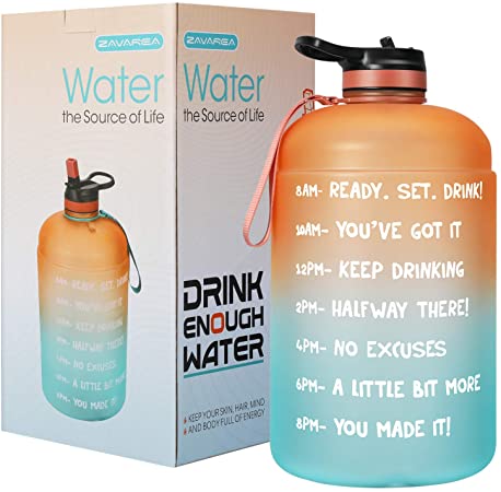 Overlarge 1 Gallon/128 OZ Motivational Water Bottle with Time Marker and Straw to Ensure You Drink Enough Water, Reusable Leakproof Water Bottle for Fitness, Gym and Outdoor Sports (Orange-Green)