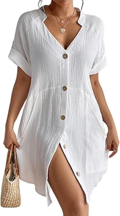 Bsubseach Swimsuit Coverup for Women Cotton Bathing Suit Cover Up Button Down Beach Dress