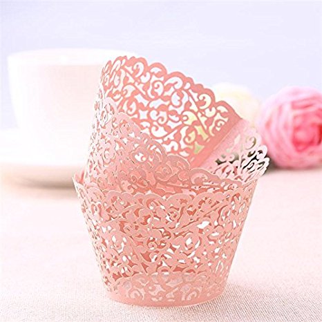 Pink Cupcake Wrappers 100pcs/pack Lace Cupcake Liners Laser cut Cupcake Papers cupcake cups Muffin cups for Wedding/Birthday Party Decoration