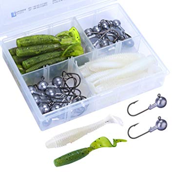 Goture 40 PCS Fishing Lure Kit with Tackle Box - Jig Head Soft Worm Bait Grubs Lures Tail Swimbaits for Saltwater Freshwater Trout Bass Fishing