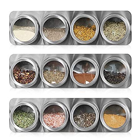12 Magnetic Spice Tins/Containers   3 Wall Mounted Racks - for Spices, Seasoning, Herbs, or Tea (Spices Not Included)