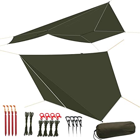 onewind Tarp Hammock Rain Fly Tarp Shelter Silnylon 5000mm Guyline Stakes Tensioners Included Tent Tarp Olive Green 10.7FT9.7ft