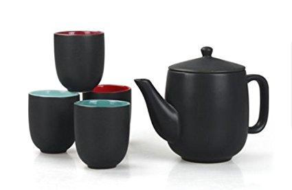 JustNile Ceramic Tea Set - Stylish Black Tea Pot w/ 4 Tea Cups