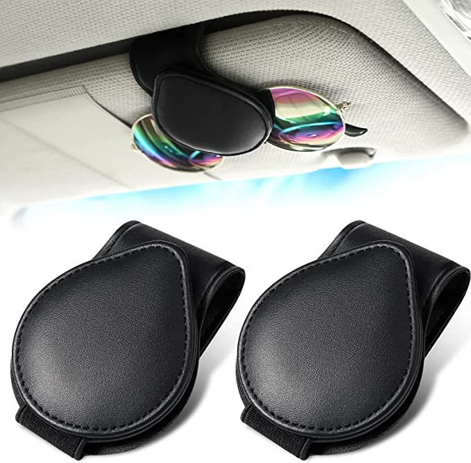 2 Pieces Sunglasses Clips for Visor Sunglass Holder for Car Magnetic PU Leather Sunglass Organizer for Car Eyeglass Visor Clip for Car Visor, Black