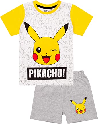 Pokemon Pikachu Face Grey Yellow Boy's Kids Short Pyjamas Nightwear Set