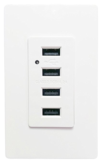Seckatech 4 USB Ports Charger Wall Outlet, Smart High Speed Charging Receptacle with 2 Free Plates, 4.2A 5V DC, White