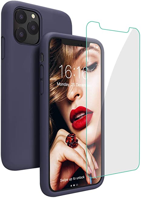 Case for iPhone 11 Pro,JASBON Liquid Silicone Phone Case with Free Screen Protector Gel Rubber Shockproof Full Protective Cover for iPhone 11 Pro 5.8 inch/iPhone XI Pro 2019-Dark Blue