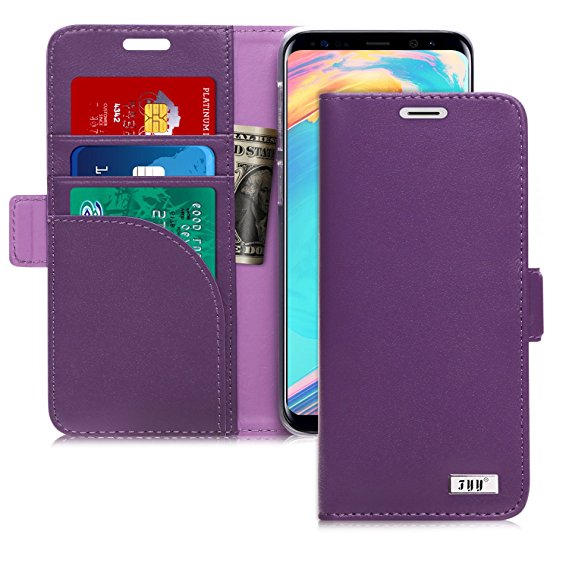 Samsung Galaxy S9 Case, FYY [Genuine Leather] 100% Handmade Wallet Case with [Prevent Card Information Leaking Technique] and [Kickstand Feature] for Samsung Galaxy S9 Purple