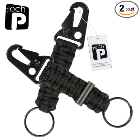 TECH-P® 550lb (250 kg) Survival Paracord Keychains with Carabiners- Military Grade Type III 7 Strand 550 Lb-Perfect for Ultralight Backpacking & Adventure Camping-2 Pack