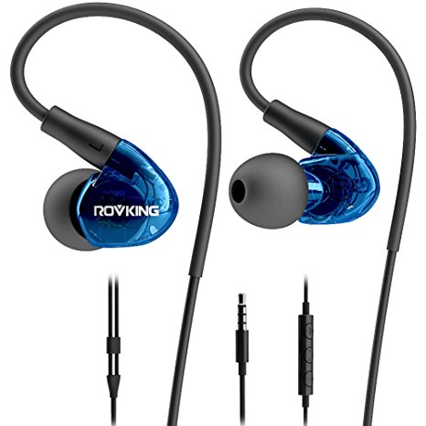 Rovking Sports Earbuds with Mic and Volume Control, Stereo Bass Headphones Noise Cancelling Sweatproof Earphones IPX5 Waterproof Tangle-free headset for Running Workout, Blue